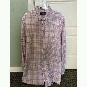 Saks Fifth Avenue Men's Slim Fit Dress Shirt, Pink/White/Blue, 16.5 - 32/33